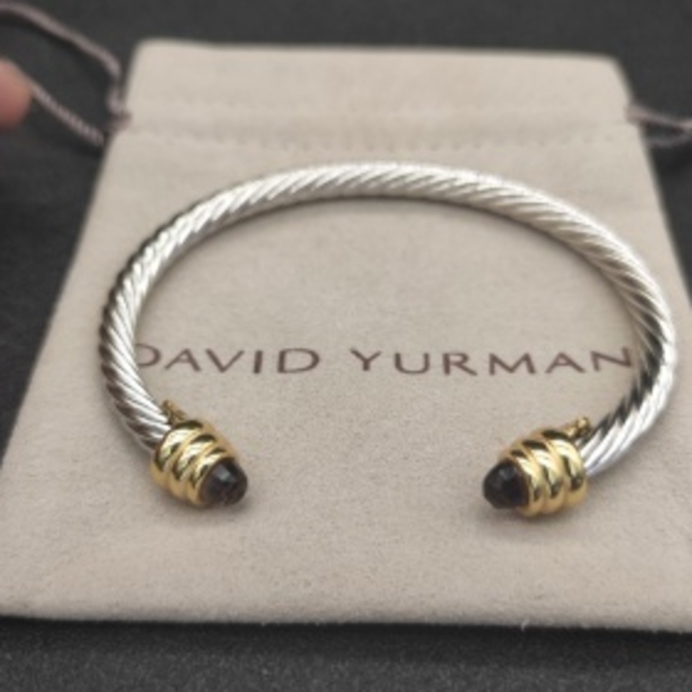 ✨David Yurman✨5mm Cable Cuff Bracelet Smoky Quartz 14K Gold Ends